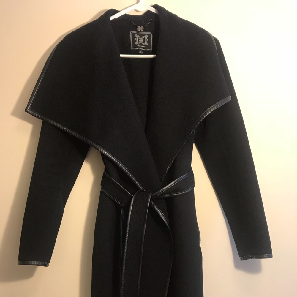 Dawn levy Harper wool wrap coat with leather trim